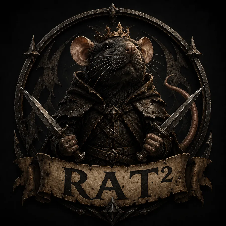 Rat² guild crest: a crowned rat in armour holding two daggers over a RAT² banner