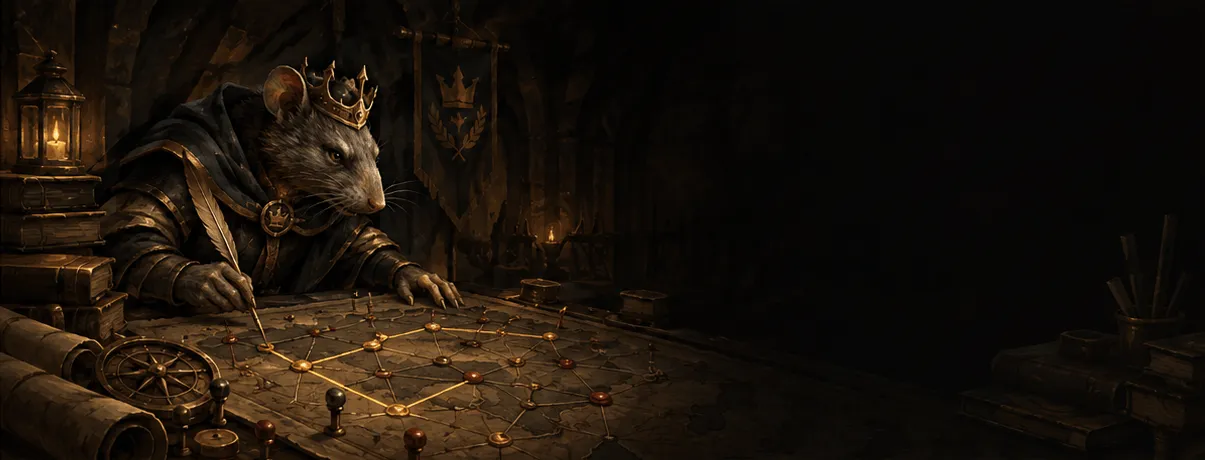 Daevanion Board Optimiser banner art: a crowned rat in a lamplit study, tracing a glowing route across a board of connected nodes