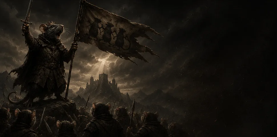 Party Finder² banner art: armoured rats gathering as a party under a Rat² standard